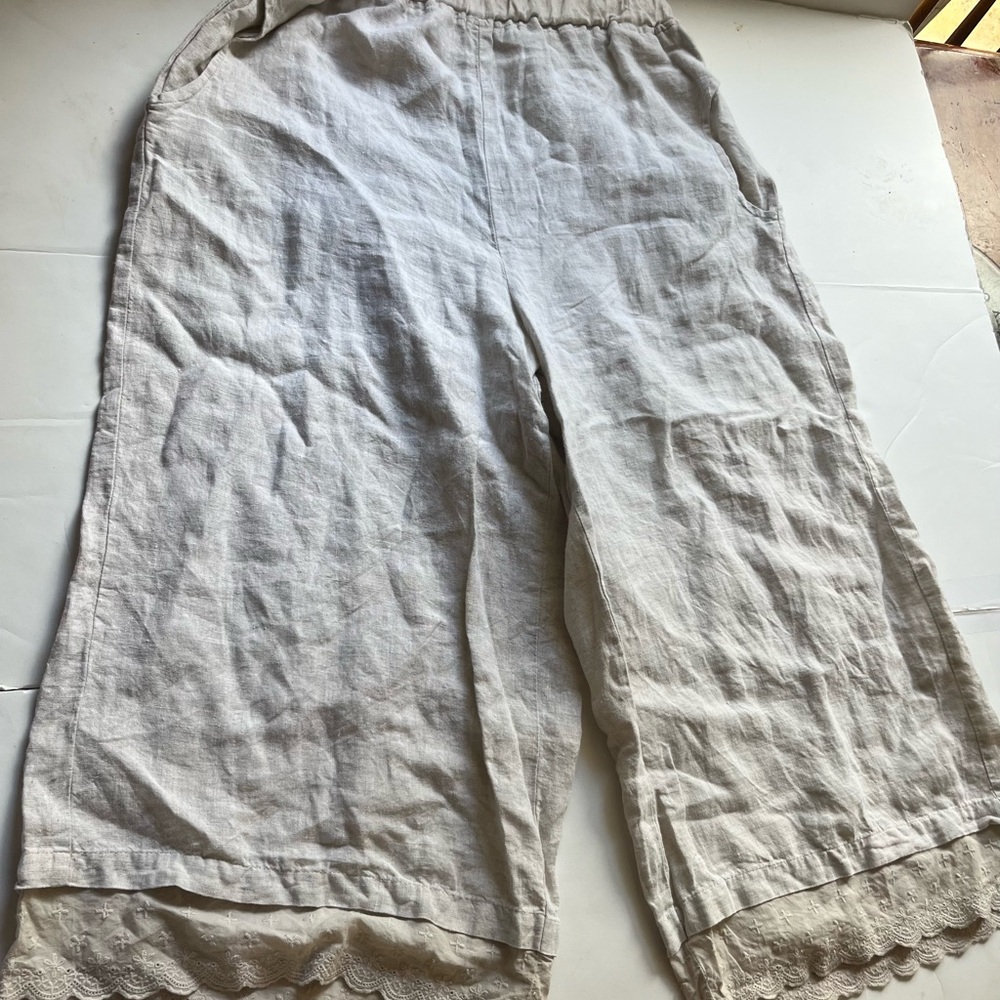 Women’s Size Large 100% Linen Cream  Pants  Lace For Cynthia Pockets  Natural